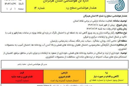اداره کل هواشناسی هرمزگان هشدار هواشناسی سطح زرد صادر کرد